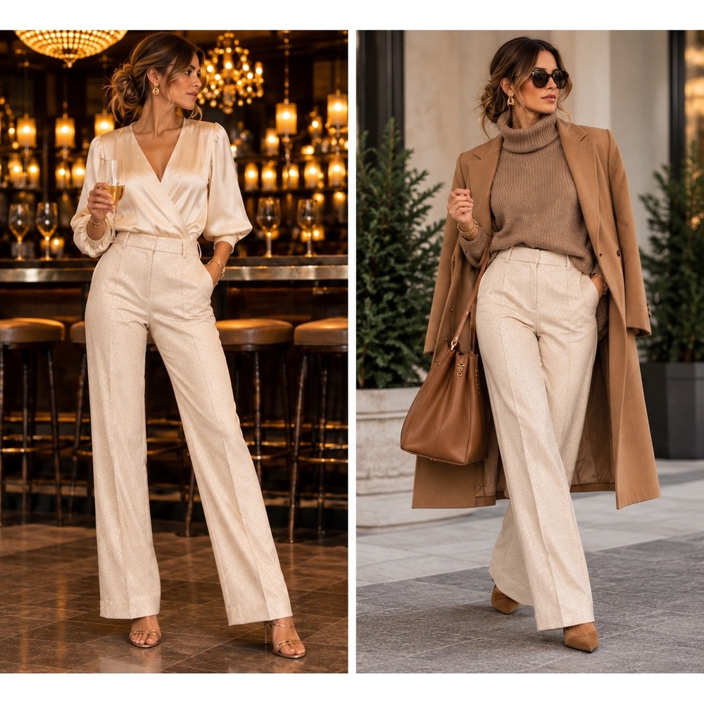 Trina Turk Size 4 Gold Lurex Shimmer Straight Leg Trouser Pants Holiday